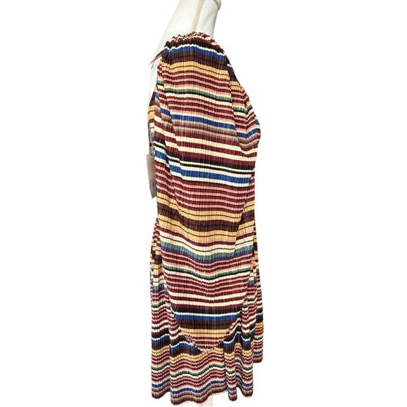 Zara Dress Fall Colors Striped Pleated Empire Waist SZ Medium Square Neck - Picture 7 of 13